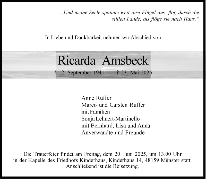  Traueranzeige für Ricarda Amsbeck vom 18.06.2025 aus 