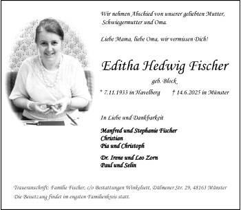 Anzeige von Editha Hedwig Fischer 