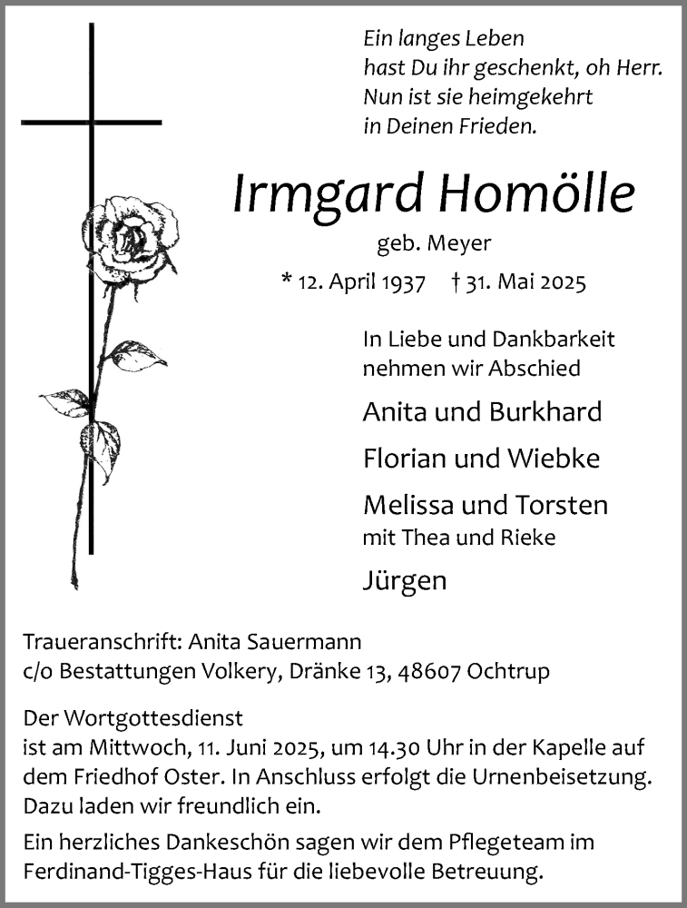  Traueranzeige für Irmgard Homölle vom 04.06.2025 aus 