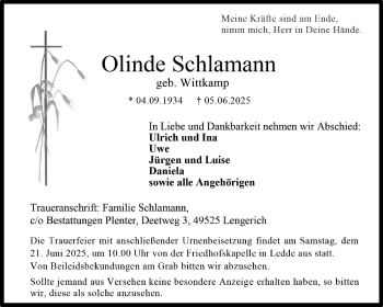 Anzeige von Olinde Schlamann 