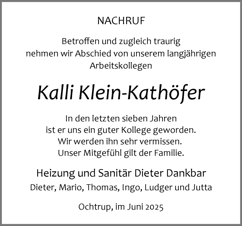  Traueranzeige für Kalli Klein-Kathöfer vom 26.06.2025 aus 