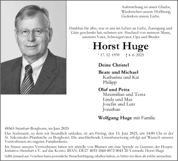Anzeige von Horst Huge 