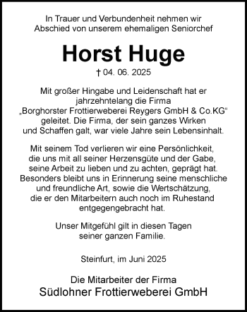 Anzeige von Horst Huge 