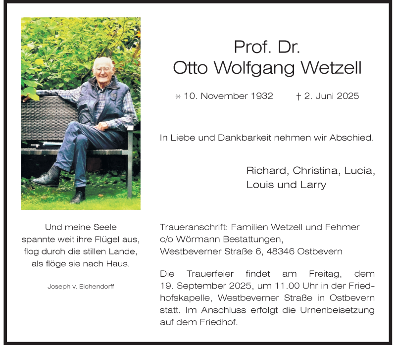  Traueranzeige für Prof. Dr. Otto Wolfgang Wetzell vom 14.06.2025 aus 