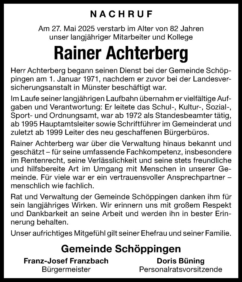  Traueranzeige für Rainer Achterberg vom 03.06.2025 aus 