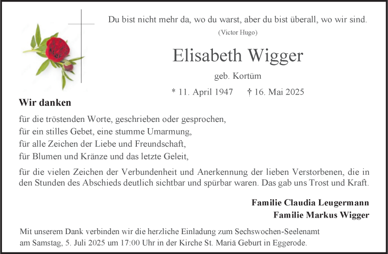  Traueranzeige für Elisabeth Wigger vom 28.06.2025 aus 