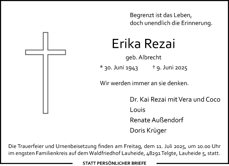  Traueranzeige für Erika Bernhardine Rezai vom 14.06.2025 aus 