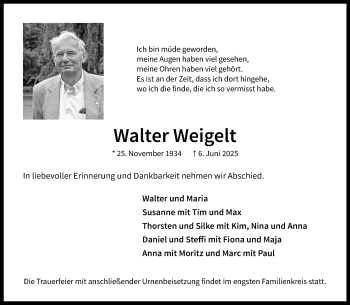 Anzeige von Walter Weigelt 