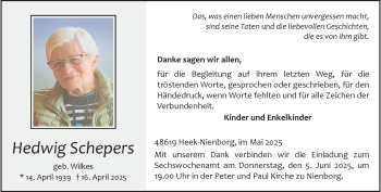 Anzeige von Hedwig Schepers 