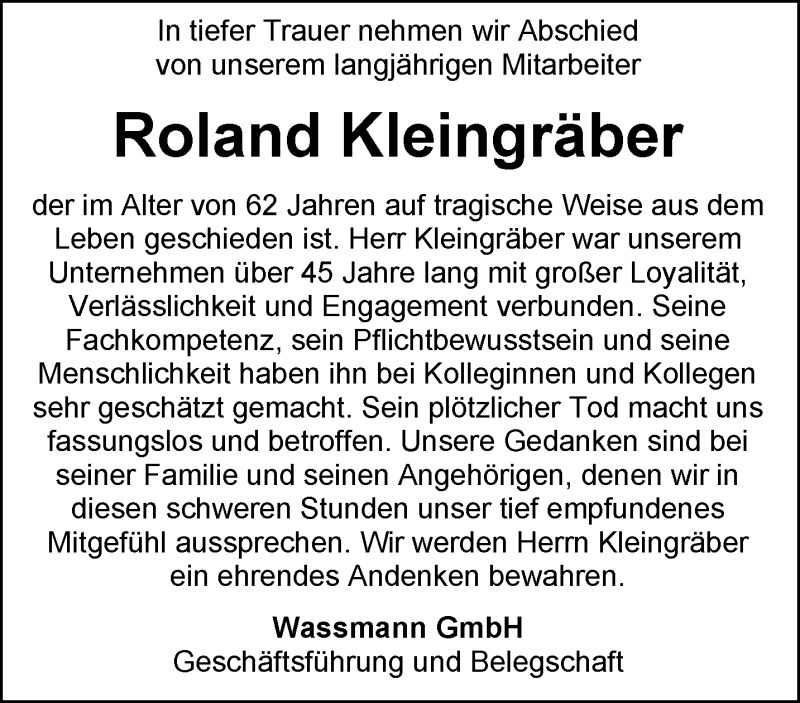  Traueranzeige für Roland Kleingräber vom 14.06.2025 aus 