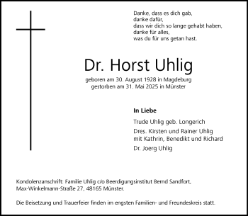 Anzeige von Dr. Horst Uhlig 