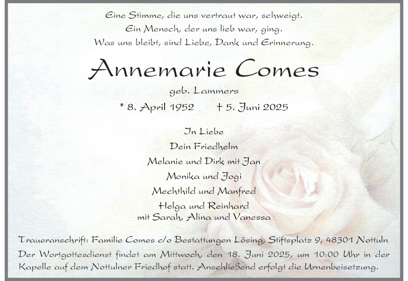  Traueranzeige für Annemarie Comes vom 14.06.2025 aus 