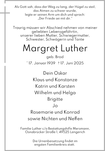 Anzeige von Margret Luther 