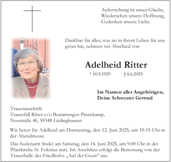 Anzeige von Adelheid Ritter 