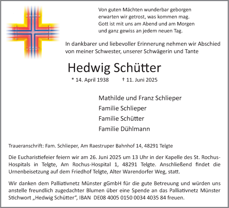 Traueranzeige für Hedwig Schütter vom 21.06.2025 aus 