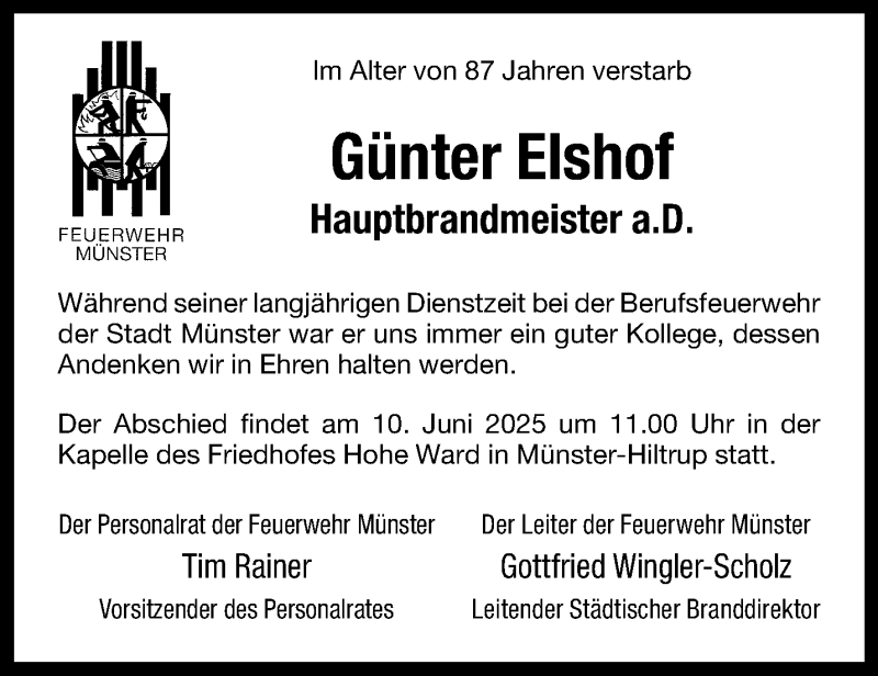  Traueranzeige für Günter Elshof vom 03.06.2025 aus 