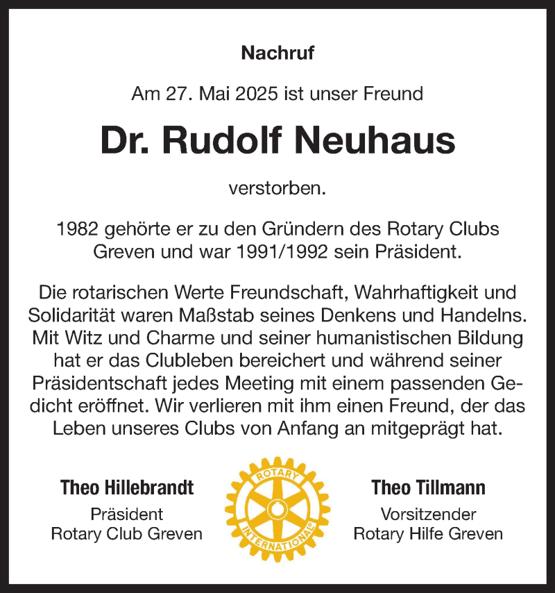  Traueranzeige für Dr. Rudolf Neuhaus vom 07.06.2025 aus 