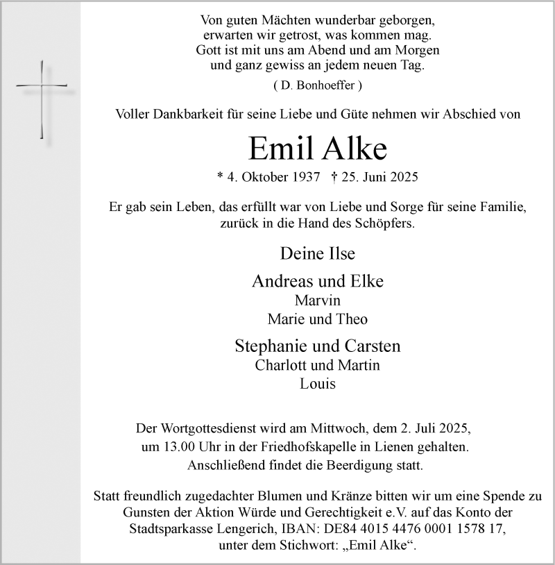  Traueranzeige für Emil Alke vom 28.06.2025 aus 