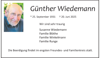 Anzeige von Günther Wiedemann 