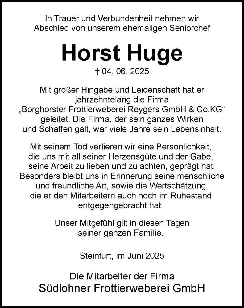  Traueranzeige für Horst Huge vom 11.06.2025 aus 