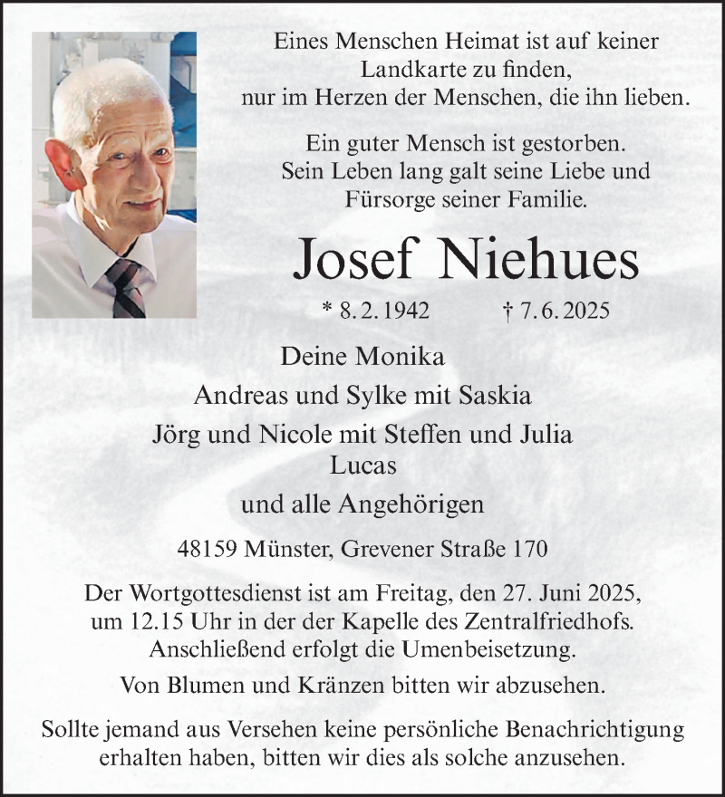  Traueranzeige für Josef Niehues vom 21.06.2025 aus 