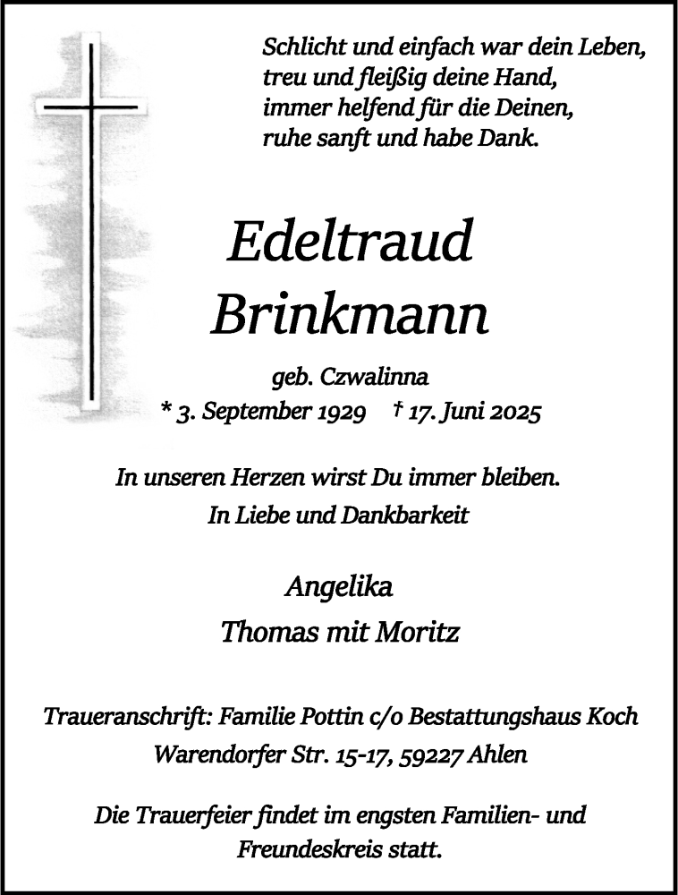  Traueranzeige für Edeltraud Brinkmann vom 21.06.2025 aus 