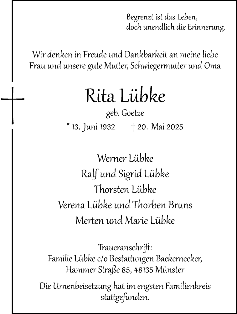  Traueranzeige für Rita Lübke vom 07.06.2025 aus 