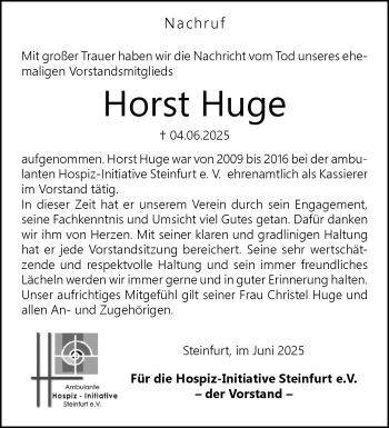 Anzeige von Horst Huge 