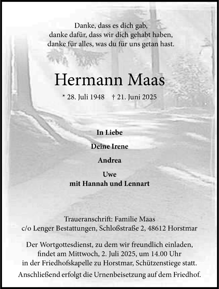  Traueranzeige für Hermann Maas vom 28.06.2025 aus 
