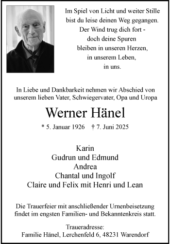 Anzeige von Werner Hänel 