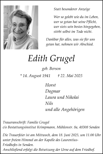 Anzeige von Edith Grugel 