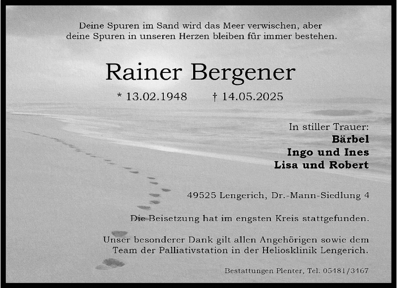  Traueranzeige für Rainer Bergener vom 03.06.2025 aus 