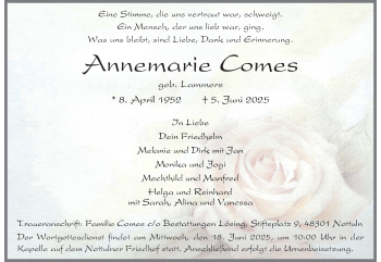 Anzeige von Annemarie Comes 
