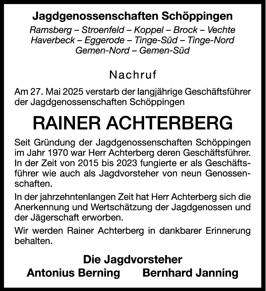 Traueranzeige für Rainer Achterberg vom 03.06.2025 aus Westfälische Nachrichten