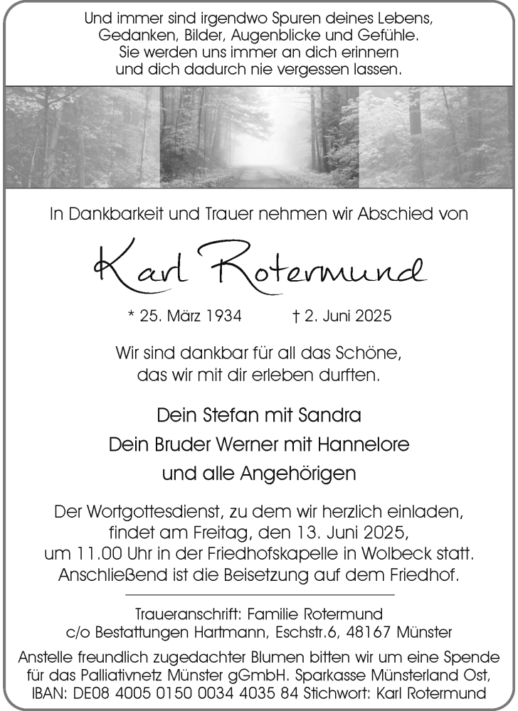  Traueranzeige für Karl Rotermund vom 07.06.2025 aus 