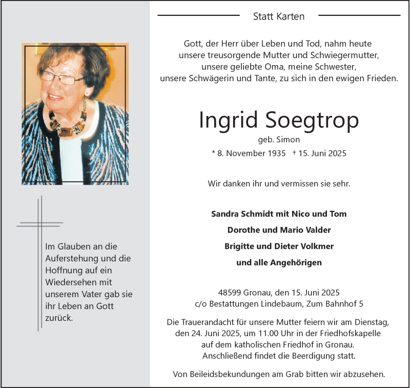  Traueranzeige für Ingrid Soegtrop vom 20.06.2025 aus 