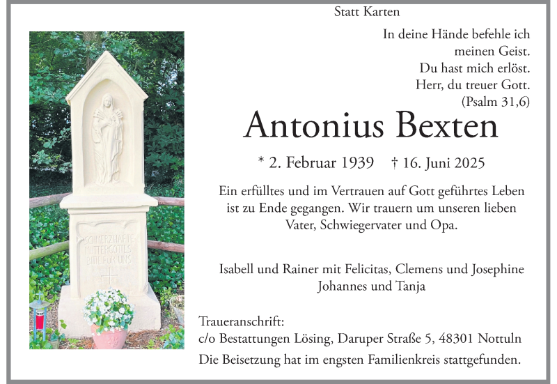  Traueranzeige für Antonius Bexten vom 28.06.2025 aus 