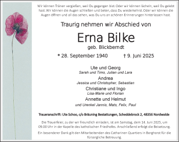 Anzeige von Erna Bilke 