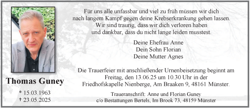  Traueranzeige für Thomas Guney vom 07.06.2025 aus 