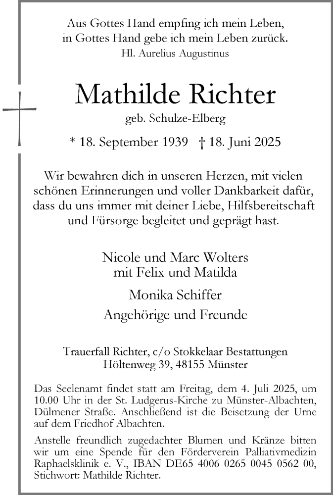  Traueranzeige für Mathilde Richter vom 28.06.2025 aus 
