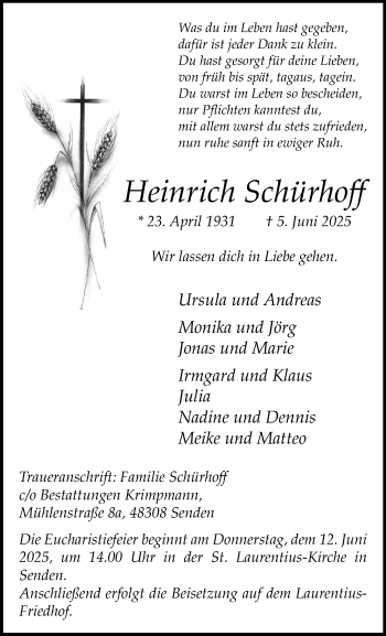 Anzeige von Heinrich Schürhoff 
