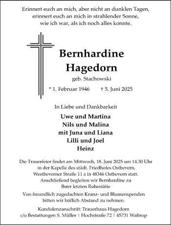 Anzeige von Bernhardine Hagedorn 