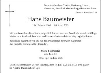 Anzeige von Hans Baumeister 