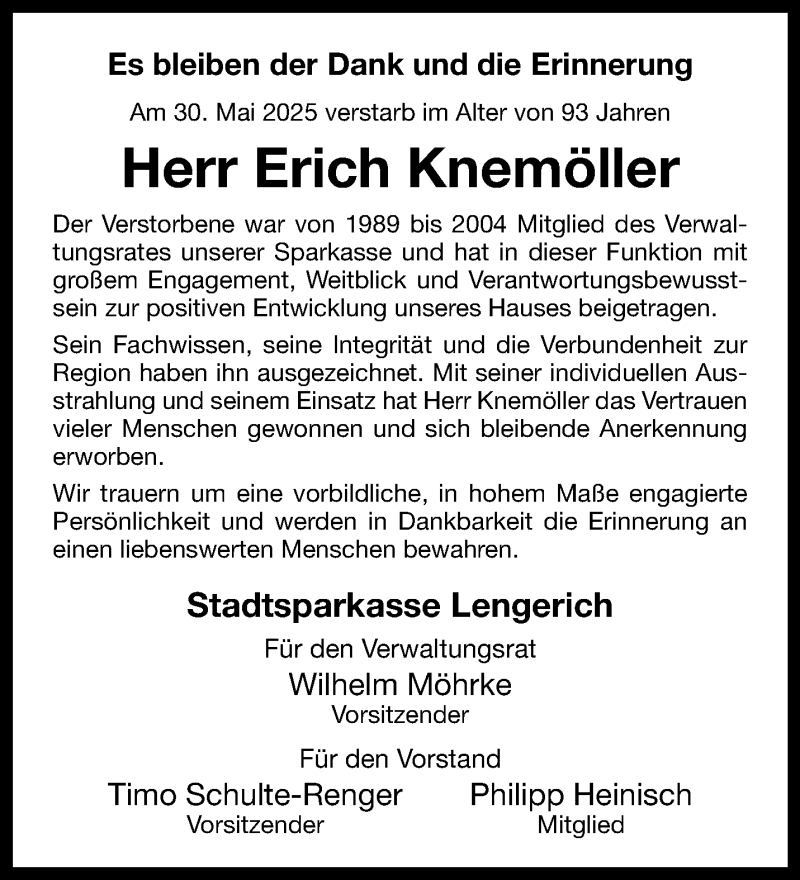  Traueranzeige für Erich Knemöller vom 07.06.2025 aus 