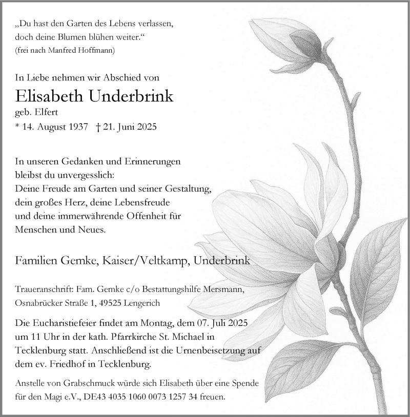  Traueranzeige für Elisabeth Underbrink vom 28.06.2025 aus 