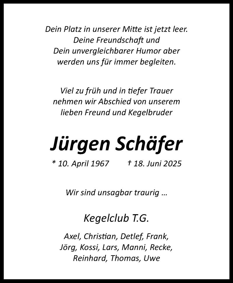  Traueranzeige für Jürgen Schäfer vom 28.06.2025 aus 