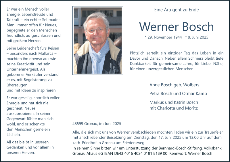  Traueranzeige für Werner Bosch vom 14.06.2025 aus 