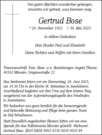 Anzeige von Gertrud Bose 