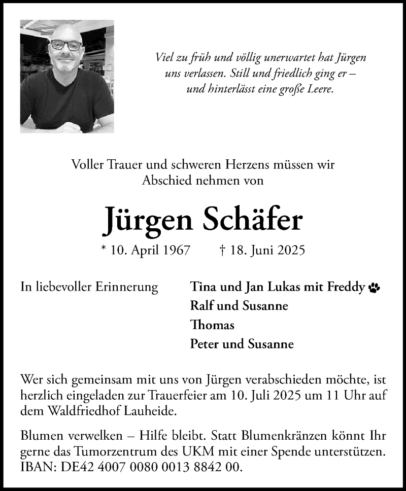  Traueranzeige für Jürgen Schäfer vom 28.06.2025 aus 