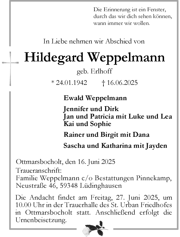  Traueranzeige für Hildegard Weppelmann vom 21.06.2025 aus 